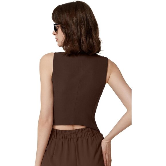 Women's Coffee Bean V Neck Vest Top Sleeveless Button Down Lined Solid Crop Tops - Picture 2 of 6